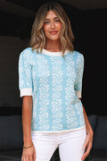 Floral Contrast Crewneck Short Sleeve Sweater - Rooted & Reckless Co.