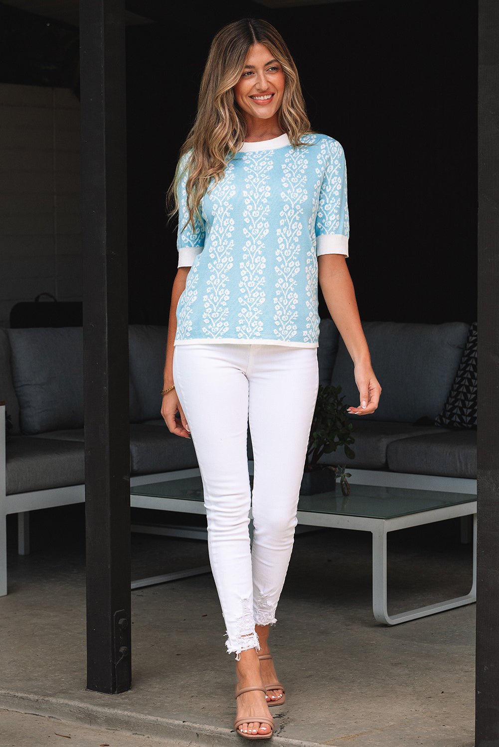 Floral Contrast Crewneck Short Sleeve Sweater - Rooted & Reckless Co.