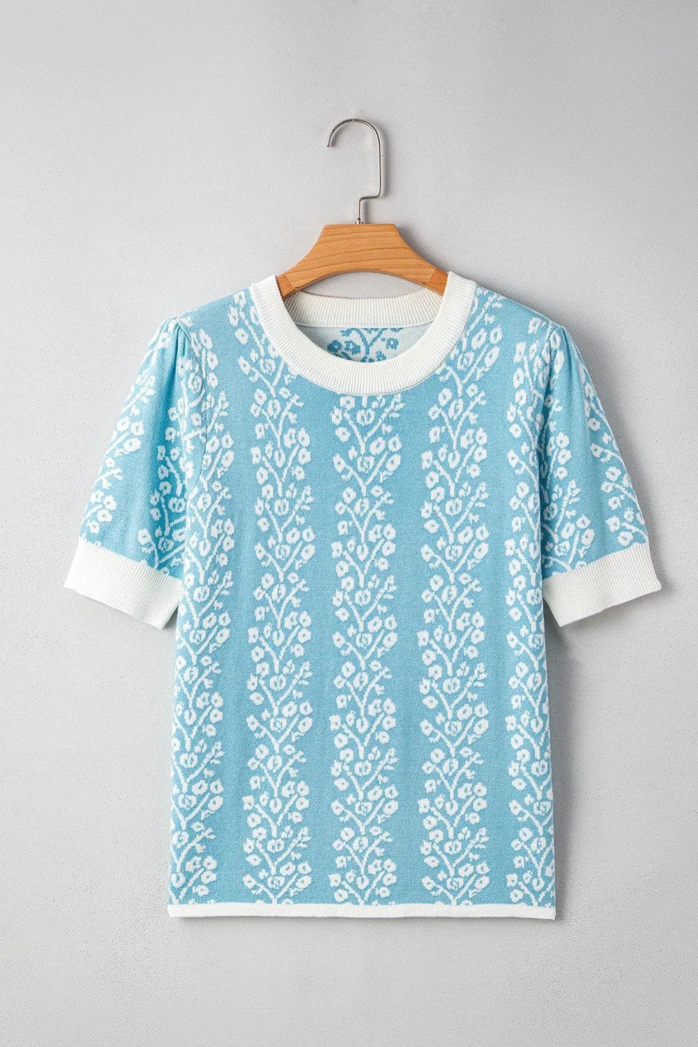 Floral Contrast Crewneck Short Sleeve Sweater - Rooted & Reckless Co.