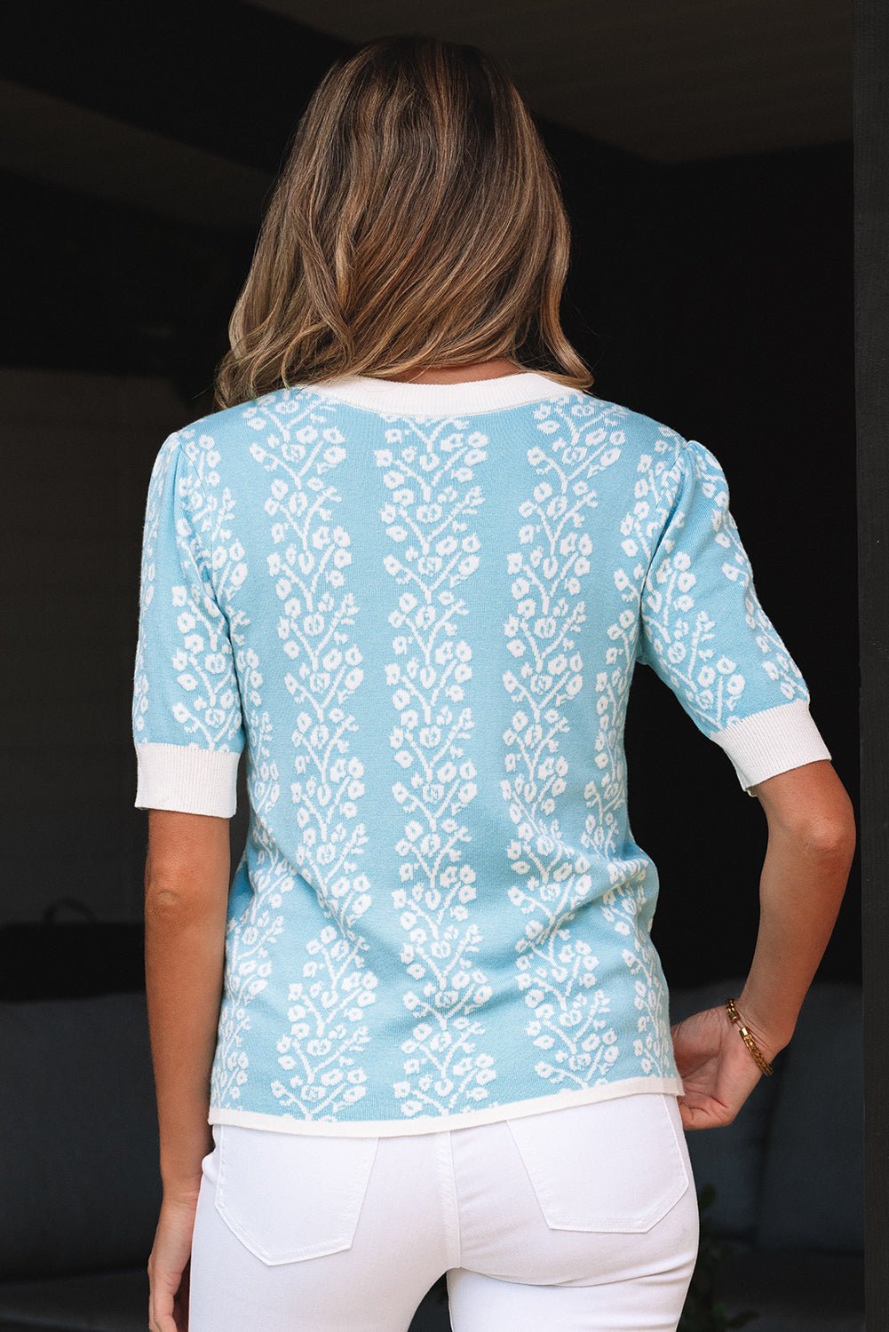 Floral Contrast Crewneck Short Sleeve Sweater - Rooted & Reckless Co.