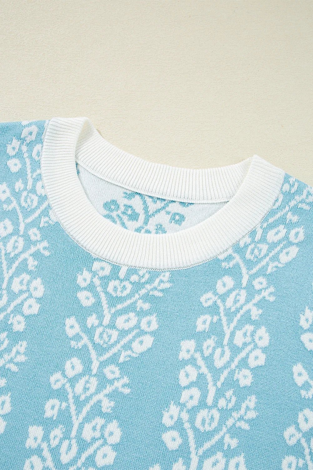 Floral Contrast Crewneck Short Sleeve Sweater - Rooted & Reckless Co.