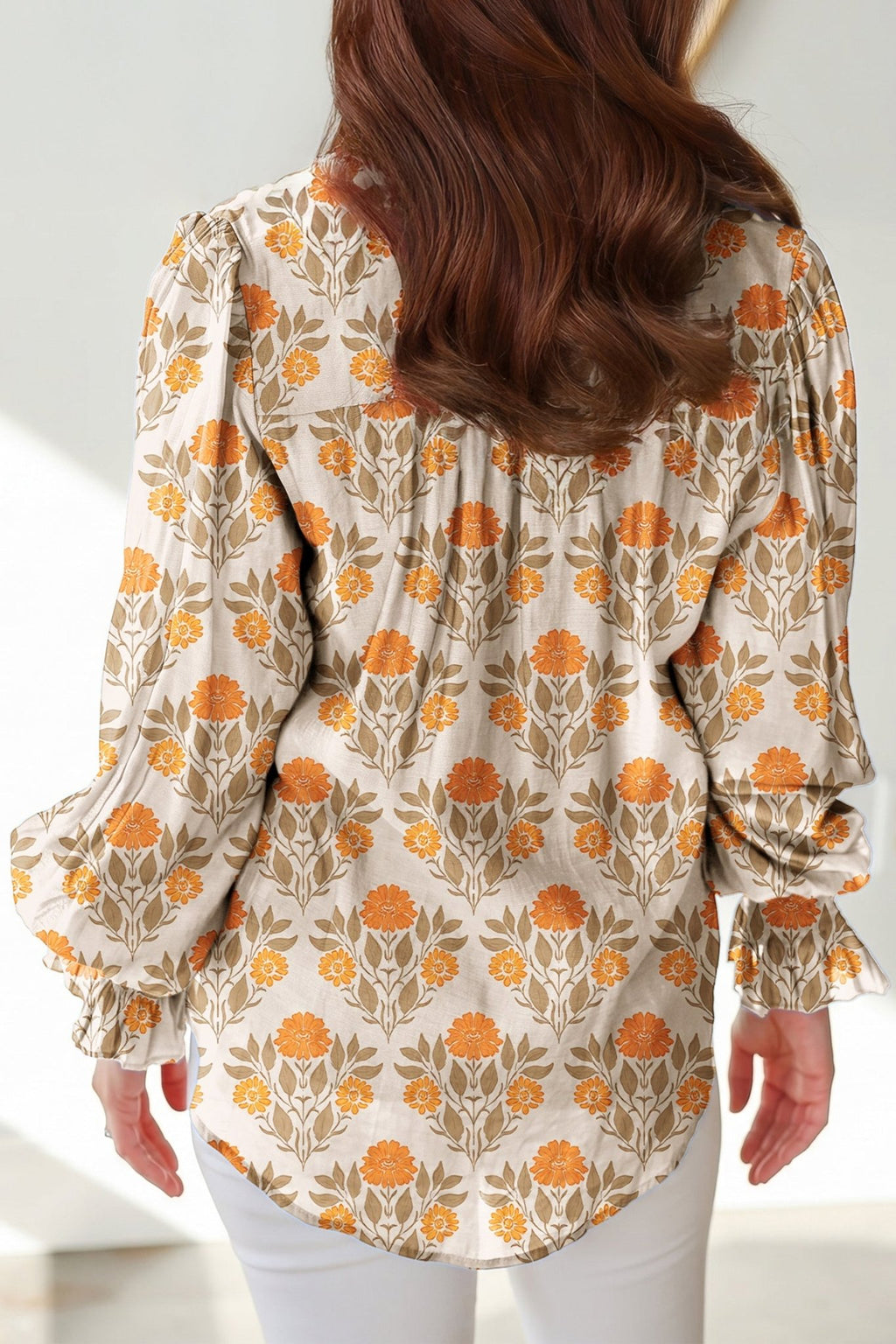 Floral Contrast Detail V-Neck Long Sleeve Blouse - Rooted & Reckless Co.