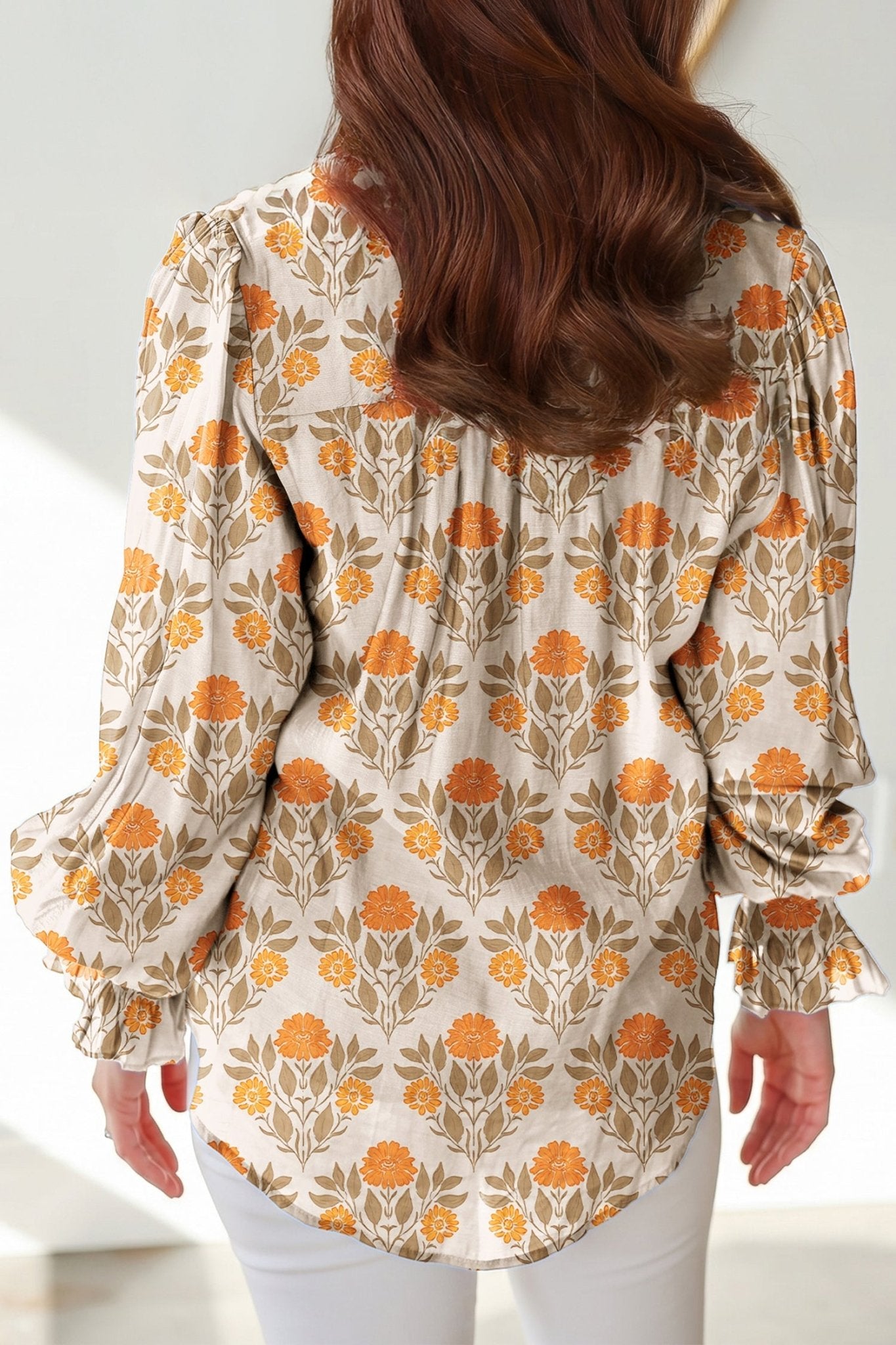 Floral Contrast Detail V-Neck Long Sleeve Blouse - Rooted & Reckless Co.