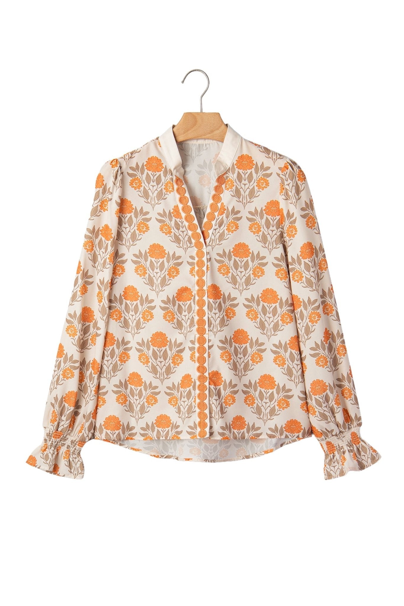 Floral Contrast Detail V-Neck Long Sleeve Blouse - Rooted & Reckless Co.