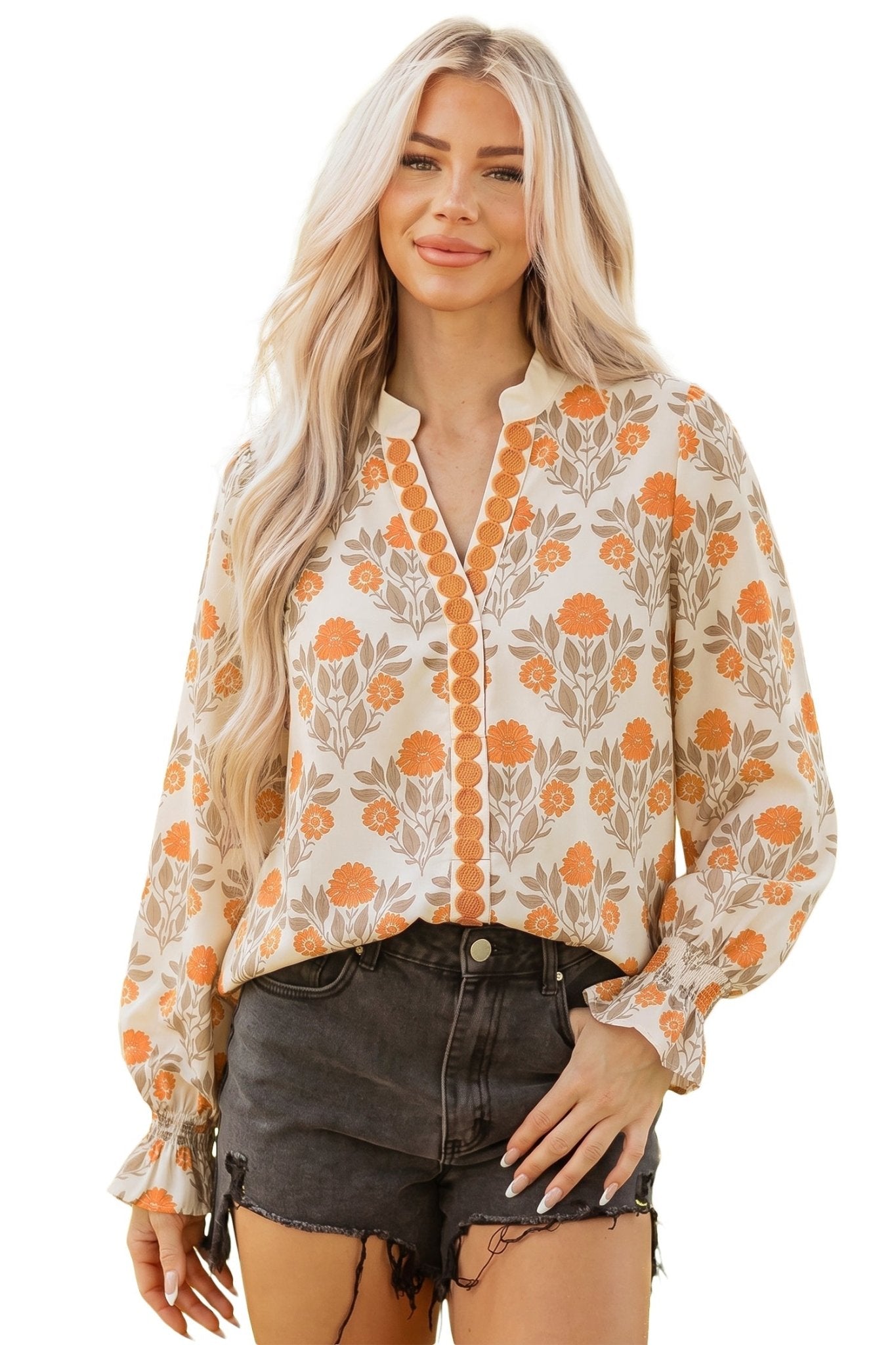 Floral Contrast Detail V-Neck Long Sleeve Blouse - Rooted & Reckless Co.