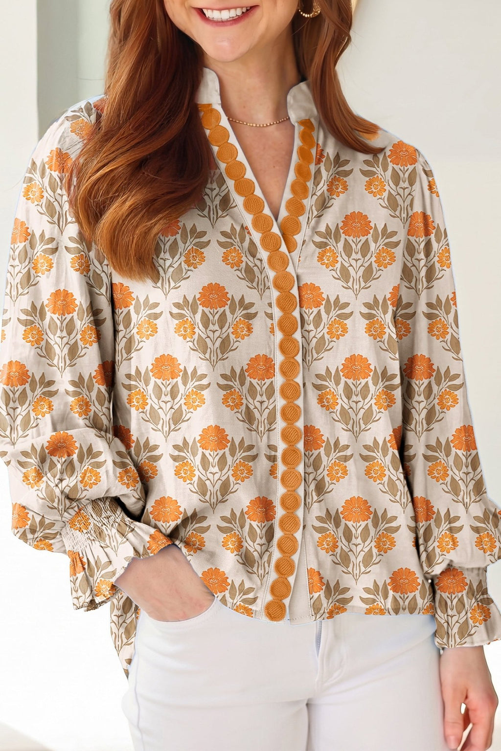 Floral Contrast Detail V-Neck Long Sleeve Blouse - Rooted & Reckless Co.