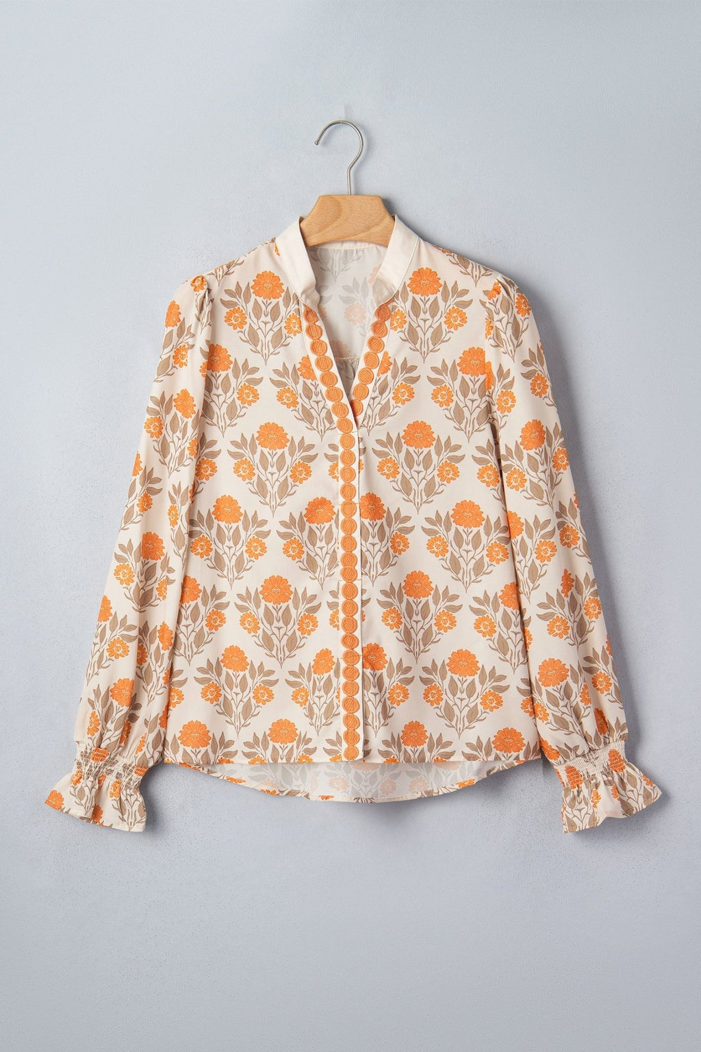 Floral Contrast Detail V-Neck Long Sleeve Blouse - Rooted & Reckless Co.