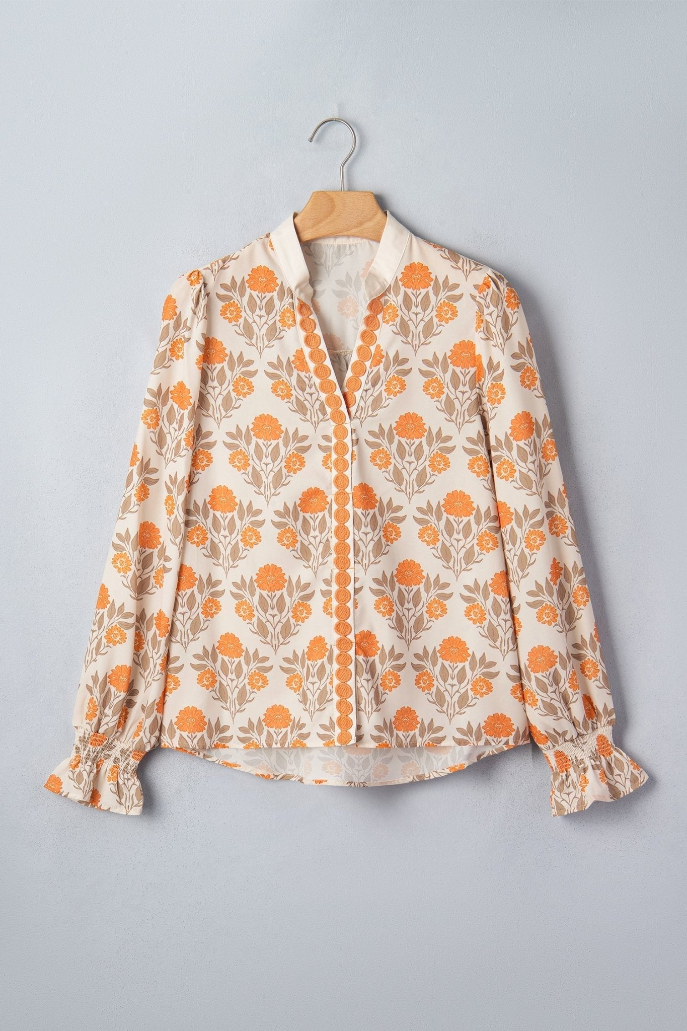 Floral Contrast Detail V-Neck Long Sleeve Blouse - Rooted & Reckless Co.