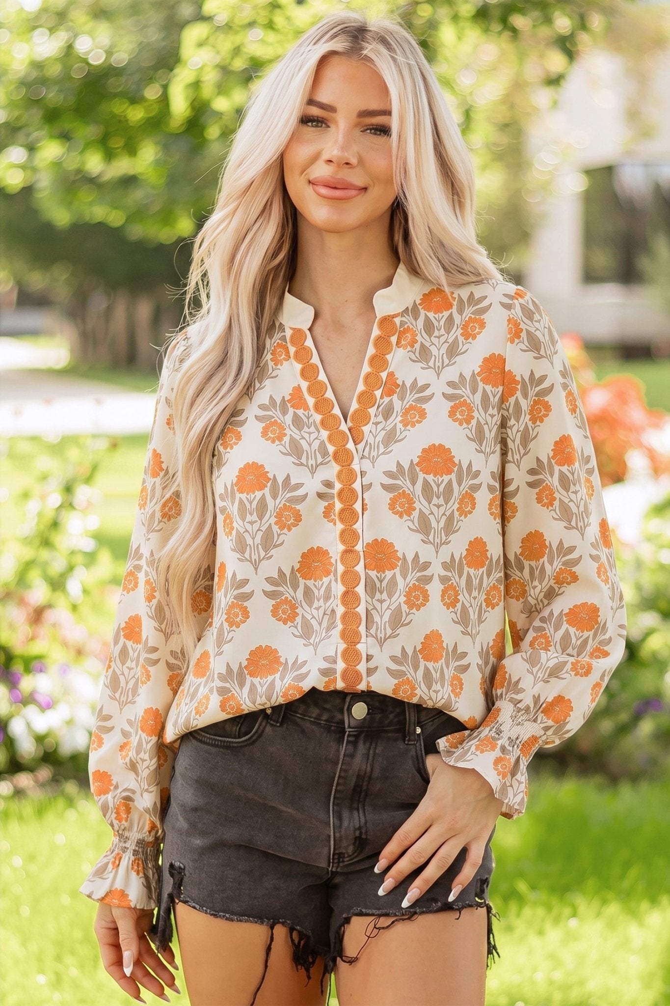 Floral Contrast Detail V-Neck Long Sleeve Blouse - Rooted & Reckless Co.