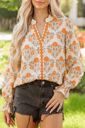 Floral Contrast Detail V-Neck Long Sleeve Blouse - Rooted & Reckless Co.