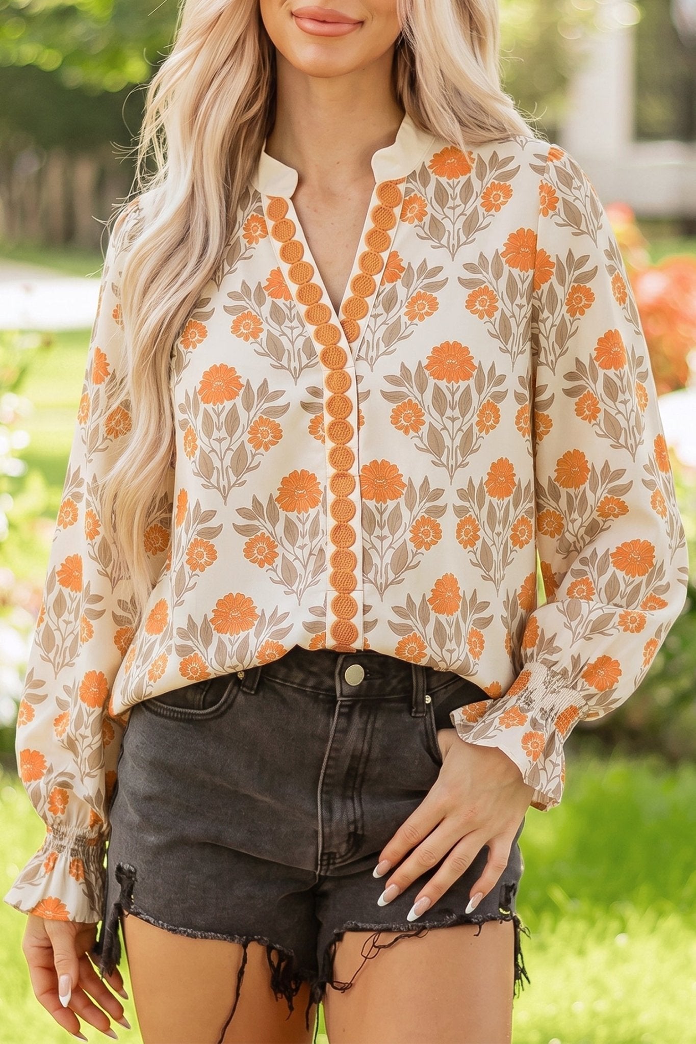 Floral Contrast Detail V-Neck Long Sleeve Blouse - Rooted & Reckless Co.
