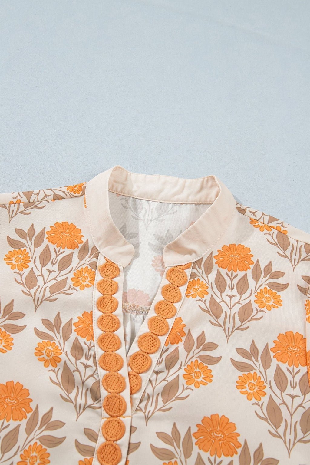 Floral Contrast Detail V-Neck Long Sleeve Blouse - Rooted & Reckless Co.