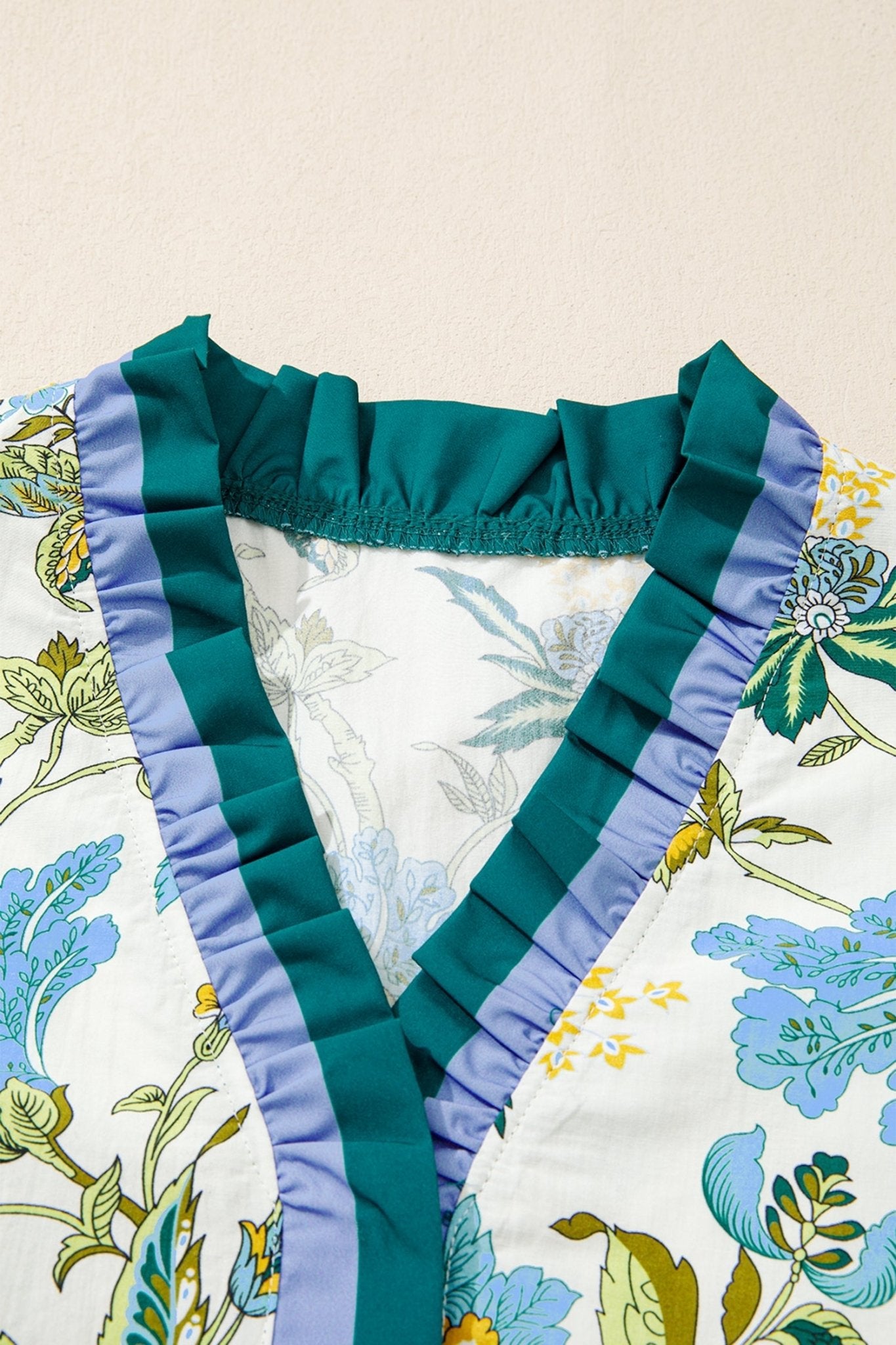 Floral Contrast Frill Stripe Trim Blouse - Rooted & Reckless Co.