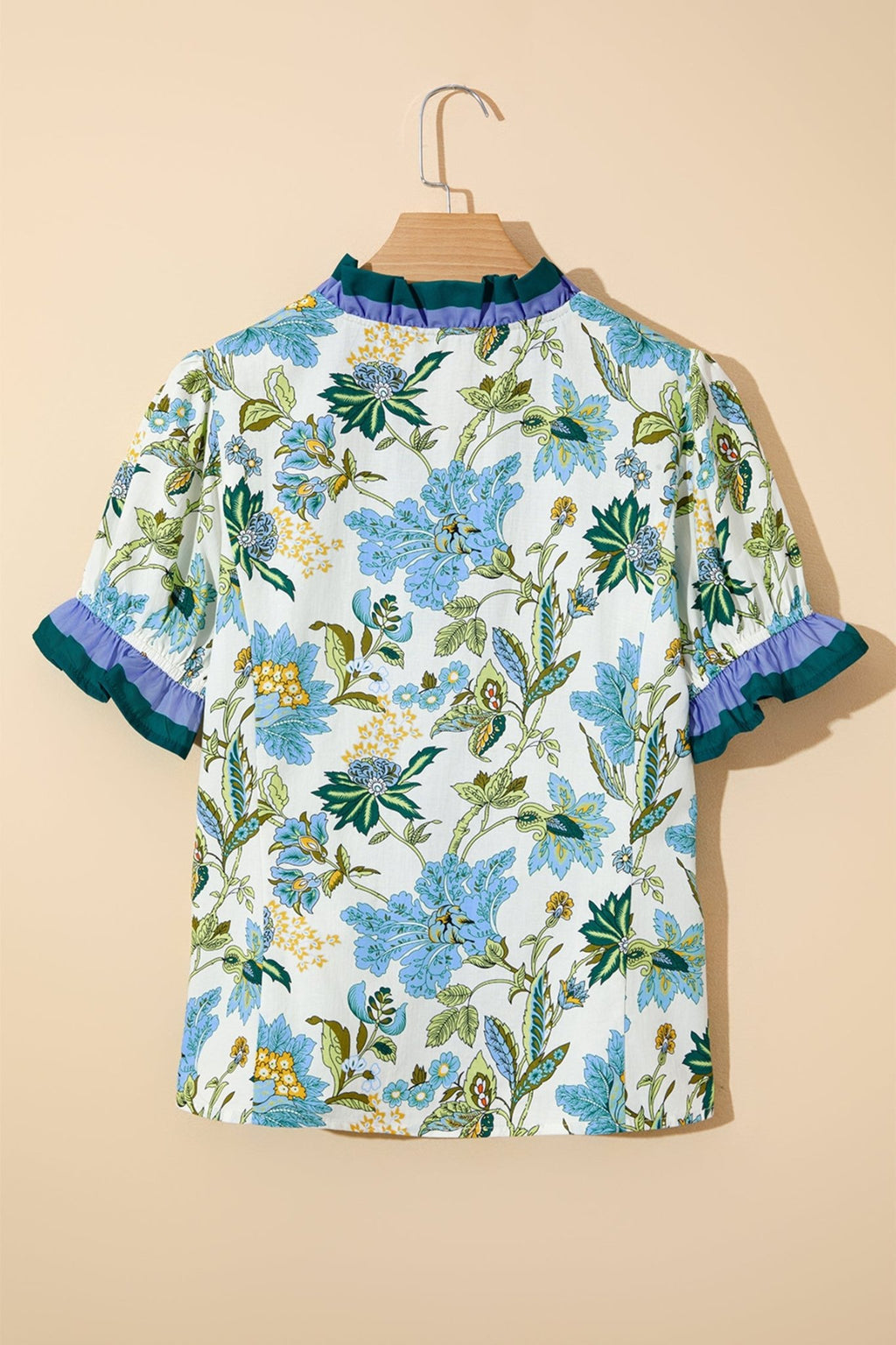 Floral Contrast Frill Stripe Trim Blouse - Rooted & Reckless Co.