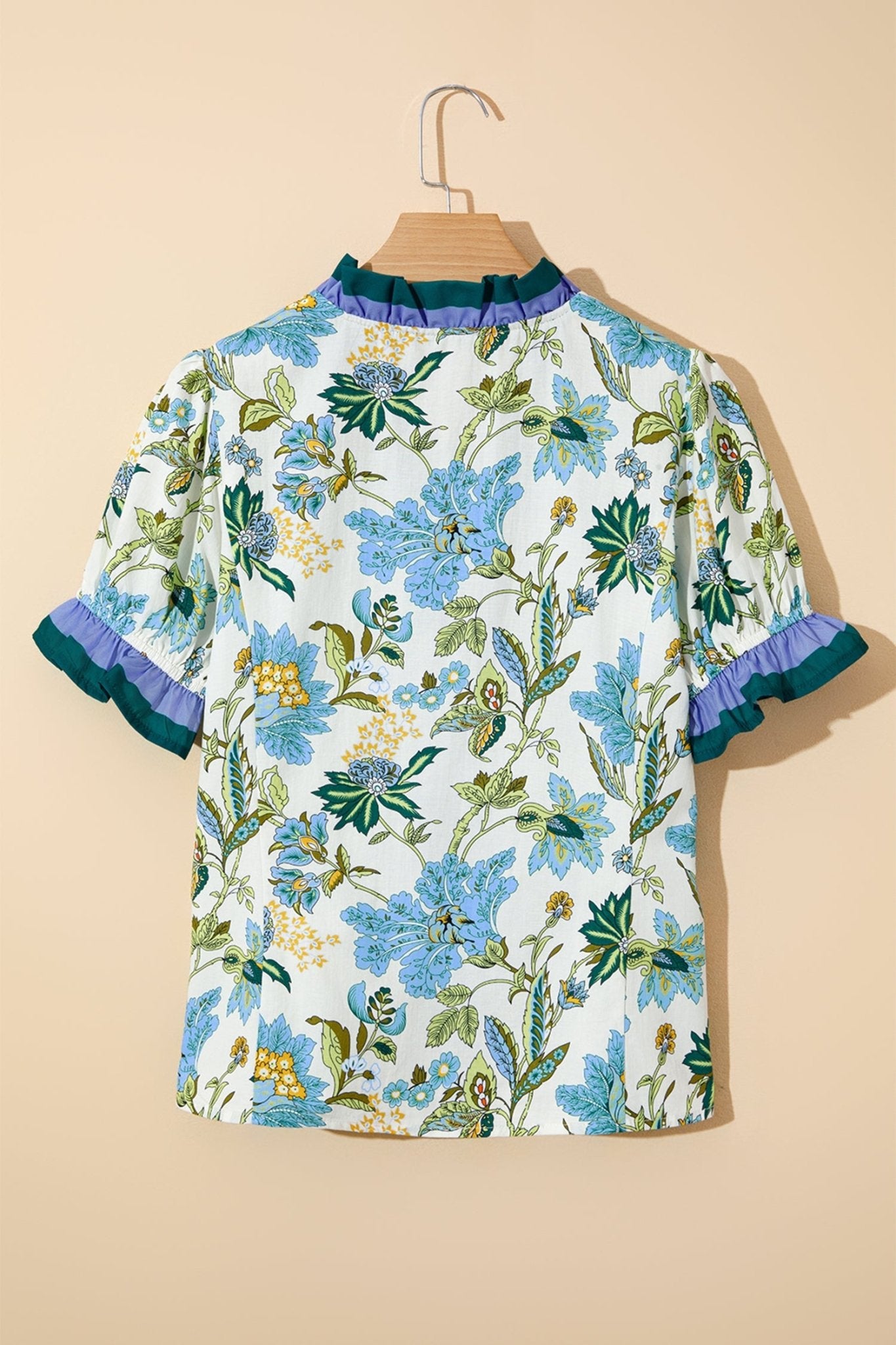 Floral Contrast Frill Stripe Trim Blouse - Rooted & Reckless Co.