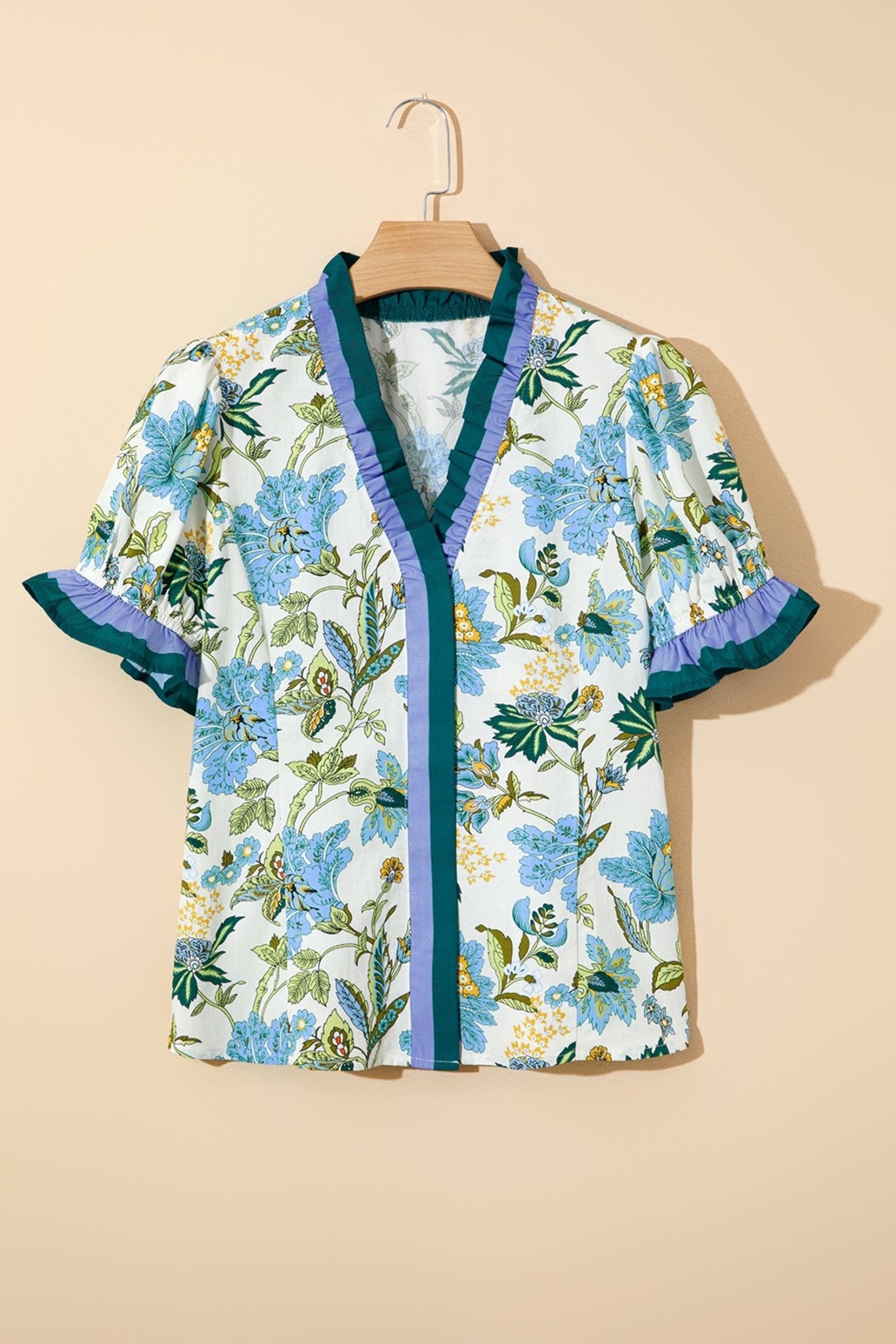 Floral Contrast Frill Stripe Trim Blouse - Rooted & Reckless Co.
