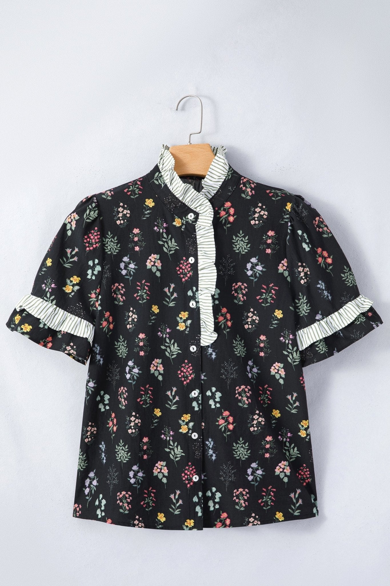 Floral Contrast Frill Trim Short Sleeve Shirt - Rooted & Reckless Co.