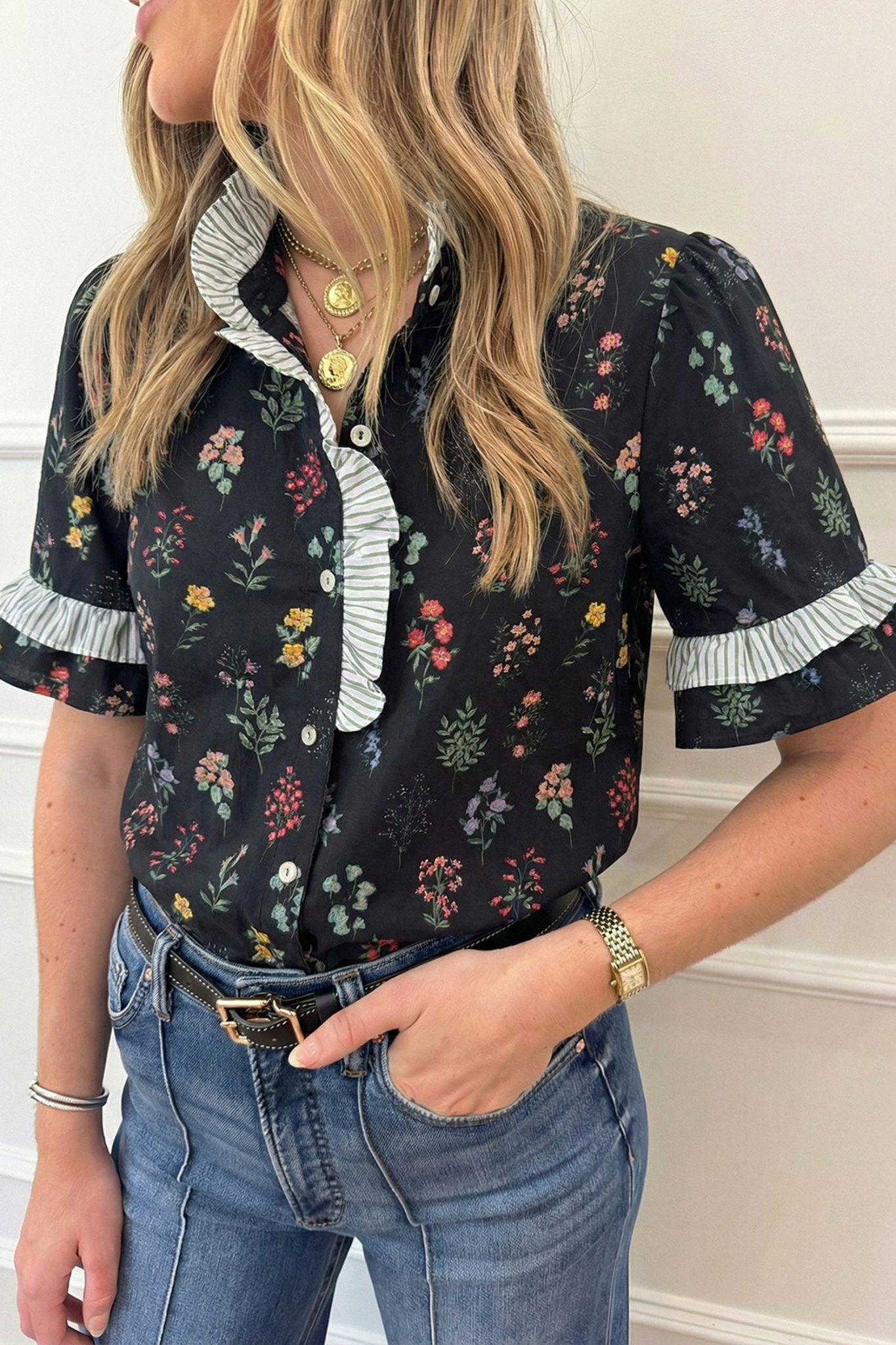 Floral Contrast Frill Trim Short Sleeve Shirt - Rooted & Reckless Co.