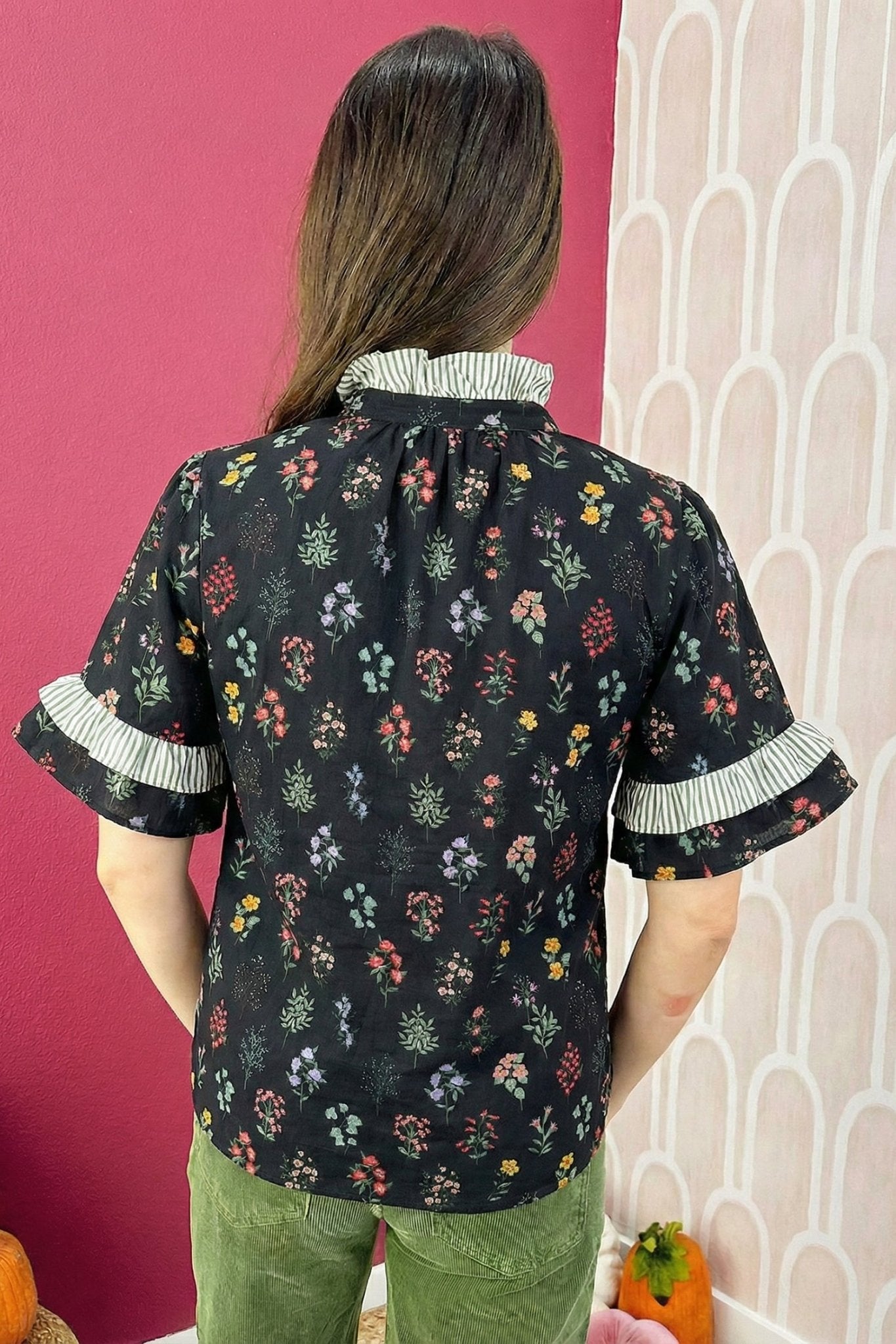 Floral Contrast Frill Trim Short Sleeve Shirt - Rooted & Reckless Co.