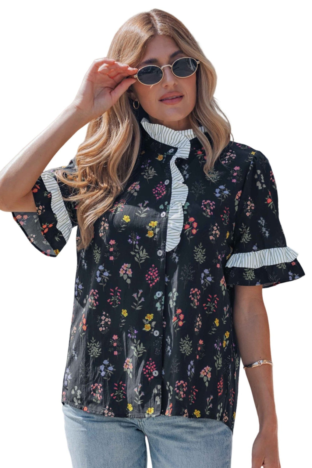 Floral Contrast Frill Trim Short Sleeve Shirt - Rooted & Reckless Co.