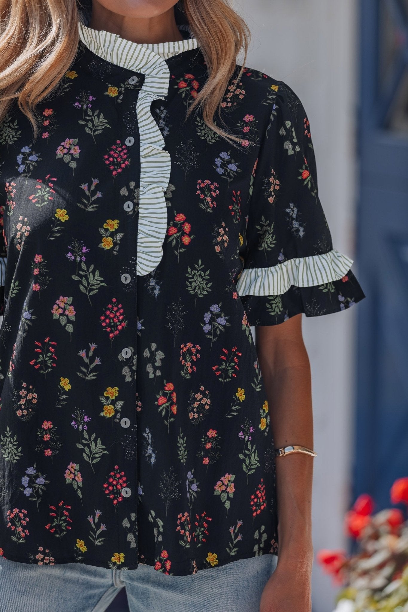 Floral Contrast Frill Trim Short Sleeve Shirt - Rooted & Reckless Co.