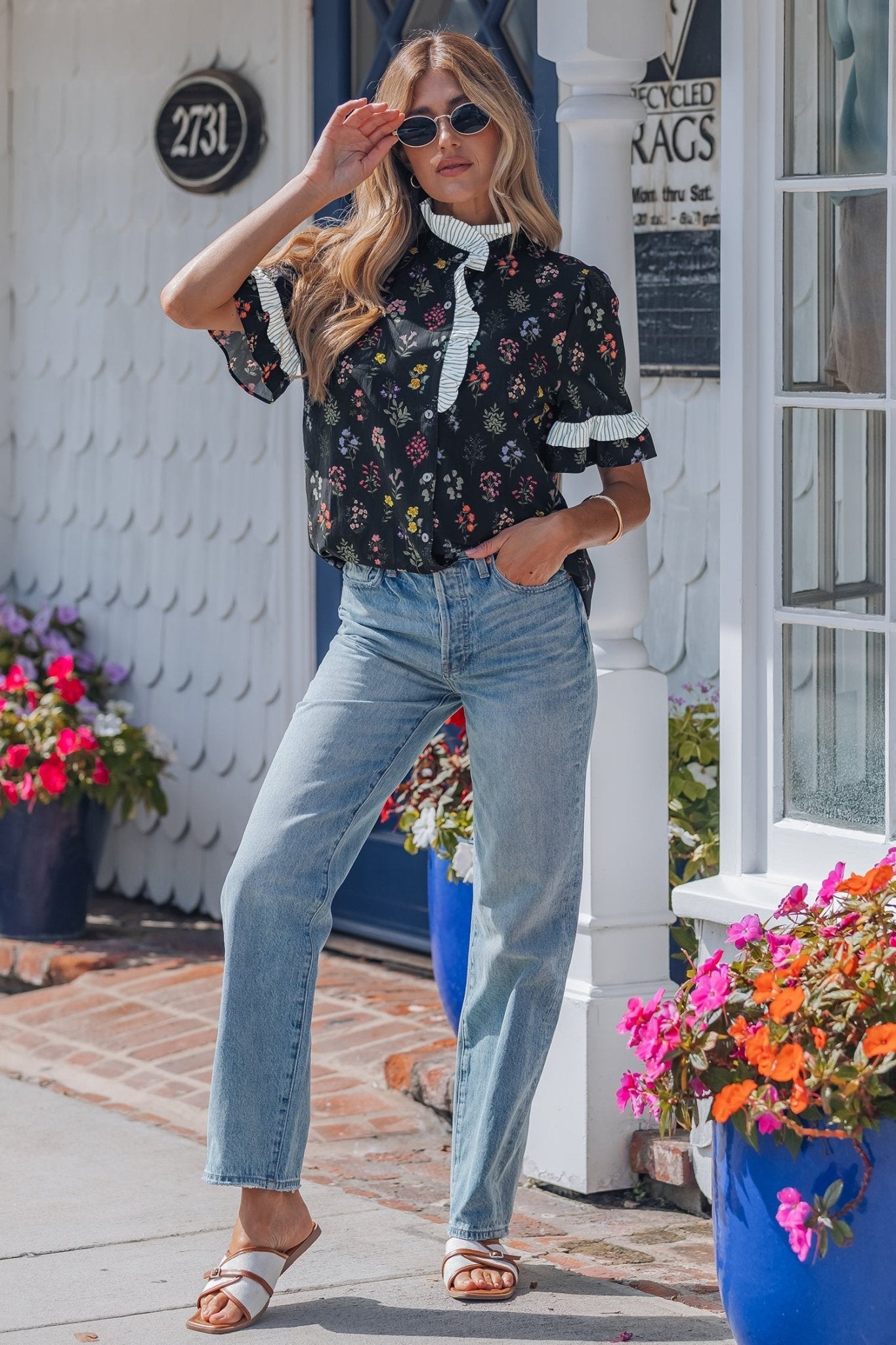 Floral Contrast Frill Trim Short Sleeve Shirt - Rooted & Reckless Co.
