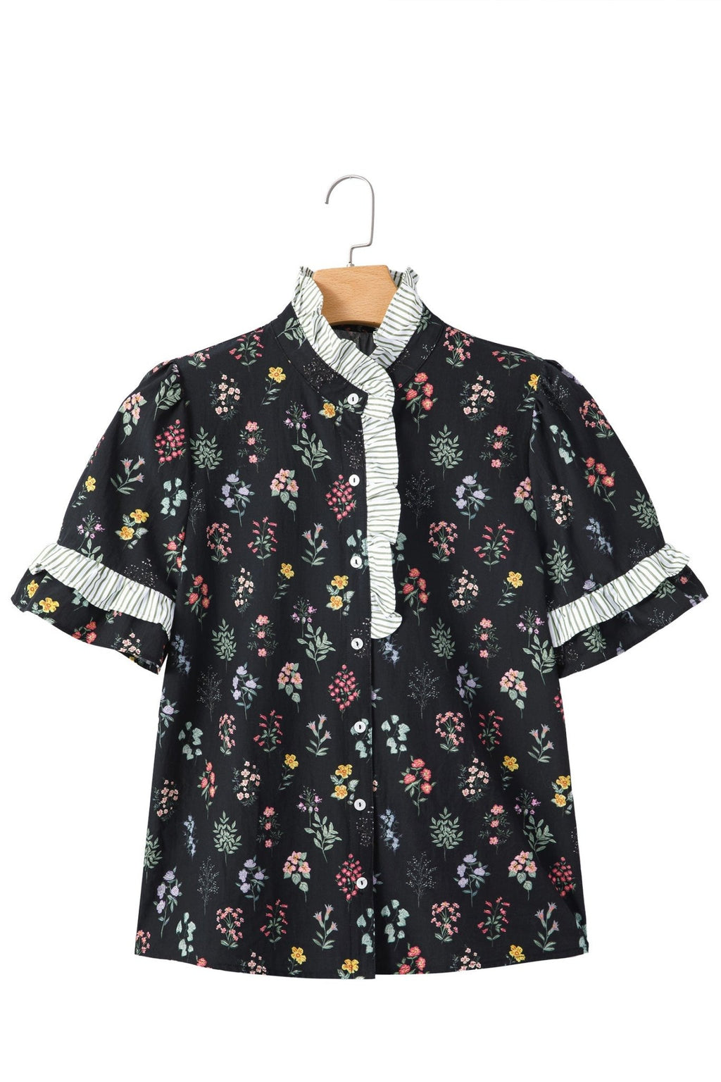 Floral Contrast Frill Trim Short Sleeve Shirt - Rooted & Reckless Co.