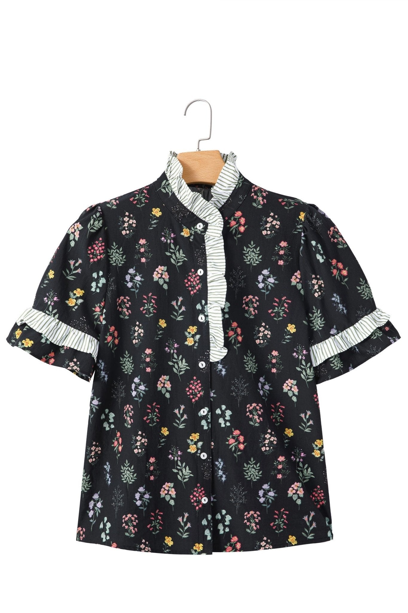 Floral Contrast Frill Trim Short Sleeve Shirt - Rooted & Reckless Co.