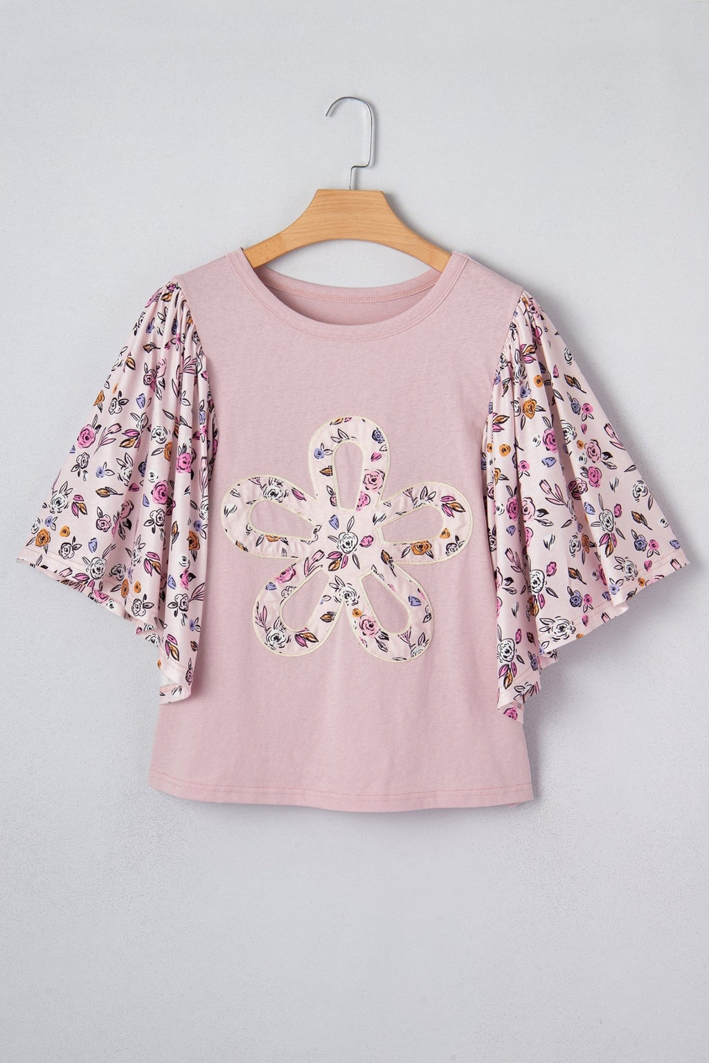 Floral Contrast Patchwork Flowy 3/4 Sleeve Blouse - Rooted & Reckless Co.