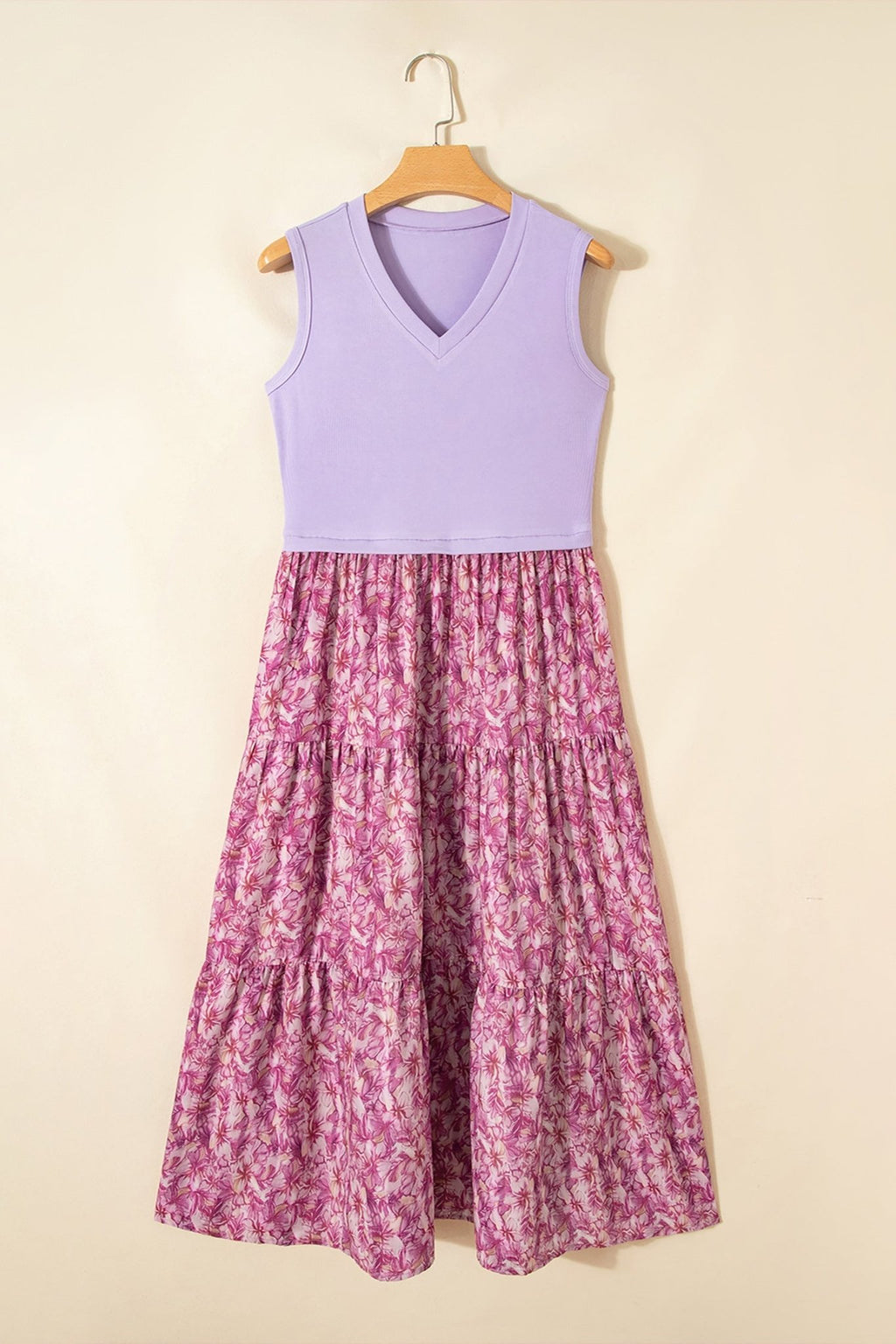 Floral Contrast Patchwork Ribbed V-Neck Tank Dress - Rooted & Reckless Co.
