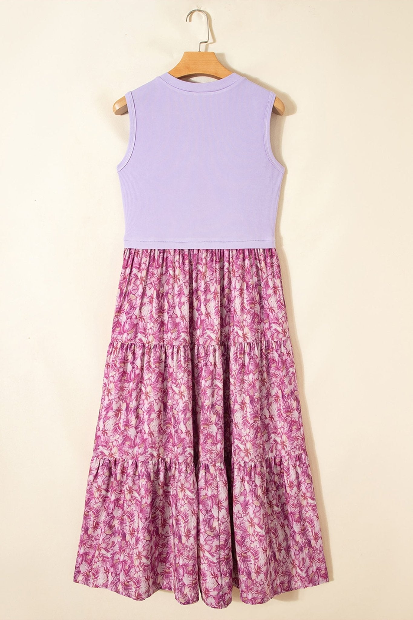 Floral Contrast Patchwork Ribbed V-Neck Tank Dress - Rooted & Reckless Co.