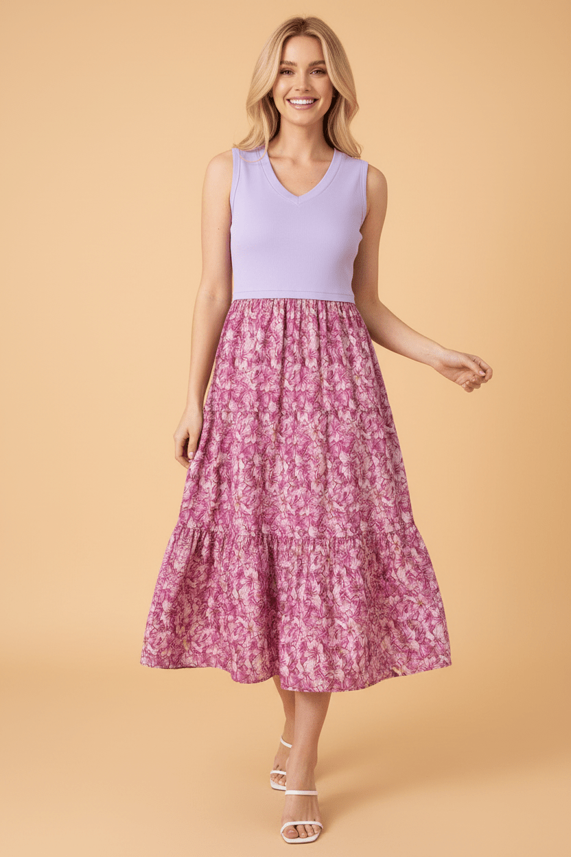 Floral Contrast Patchwork Ribbed V-Neck Tank Dress - Rooted & Reckless Co.