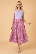 Floral Contrast Patchwork Ribbed V-Neck Tank Dress - Rooted & Reckless Co.
