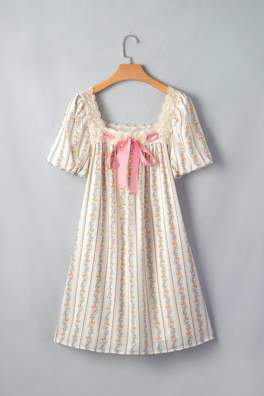 Floral Contrast Ribbon Bow Lace Square Mini Dress - Rooted & Reckless Co.