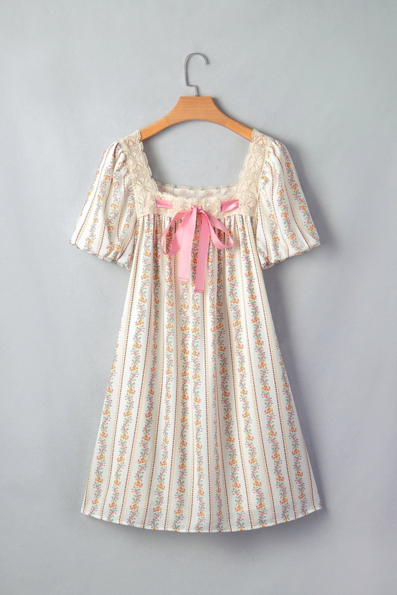 Floral Contrast Ribbon Bow Lace Square Mini Dress - Rooted & Reckless Co.