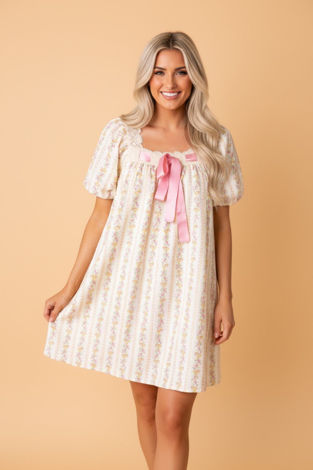 Floral Contrast Ribbon Bow Lace Square Mini Dress - Rooted & Reckless Co.