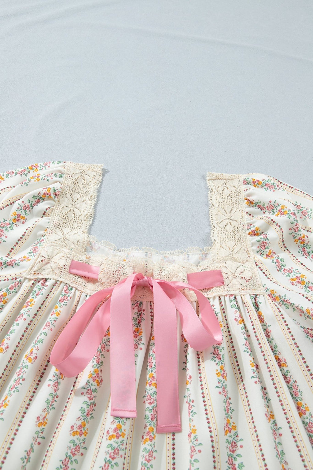 Floral Contrast Ribbon Bow Lace Square Mini Dress - Rooted & Reckless Co.