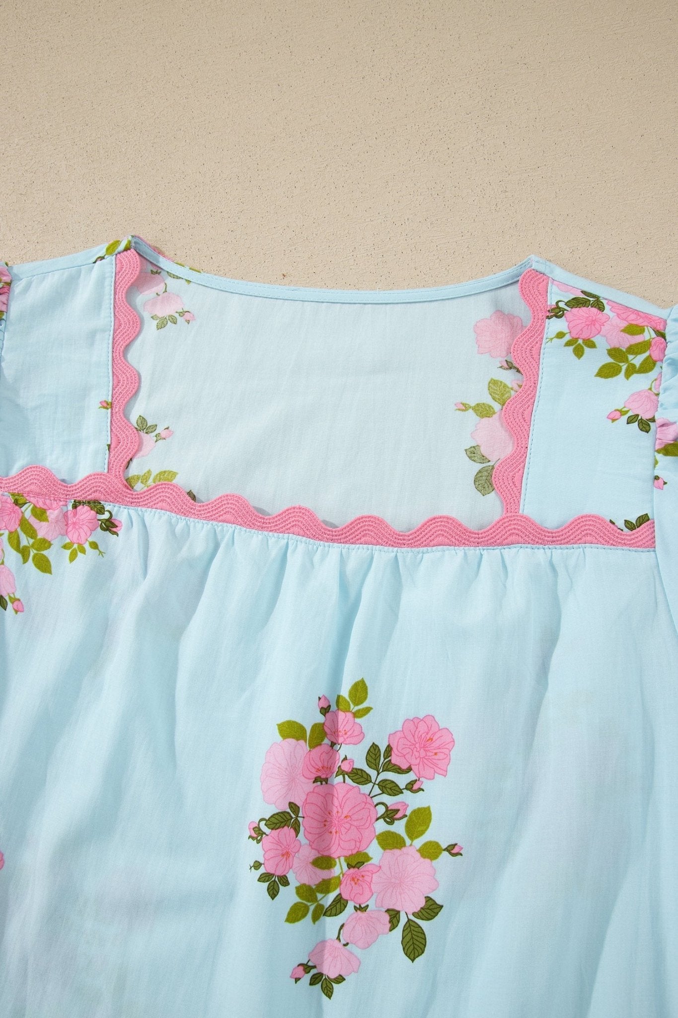 Floral Contrast Ricrac Trim Bubble Sleeve Blouse - Rooted & Reckless Co.