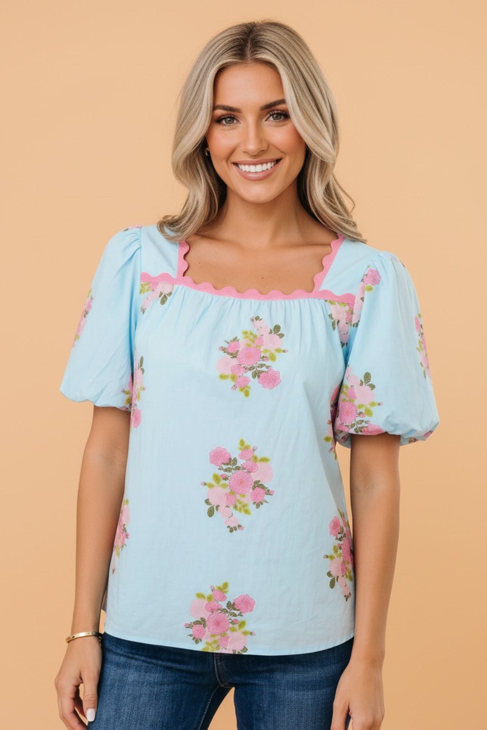 Floral Contrast Ricrac Trim Bubble Sleeve Blouse - Rooted & Reckless Co.
