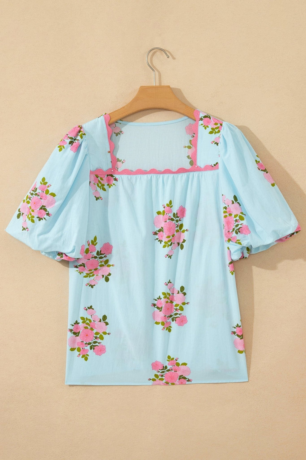 Floral Contrast Ricrac Trim Bubble Sleeve Blouse - Rooted & Reckless Co.