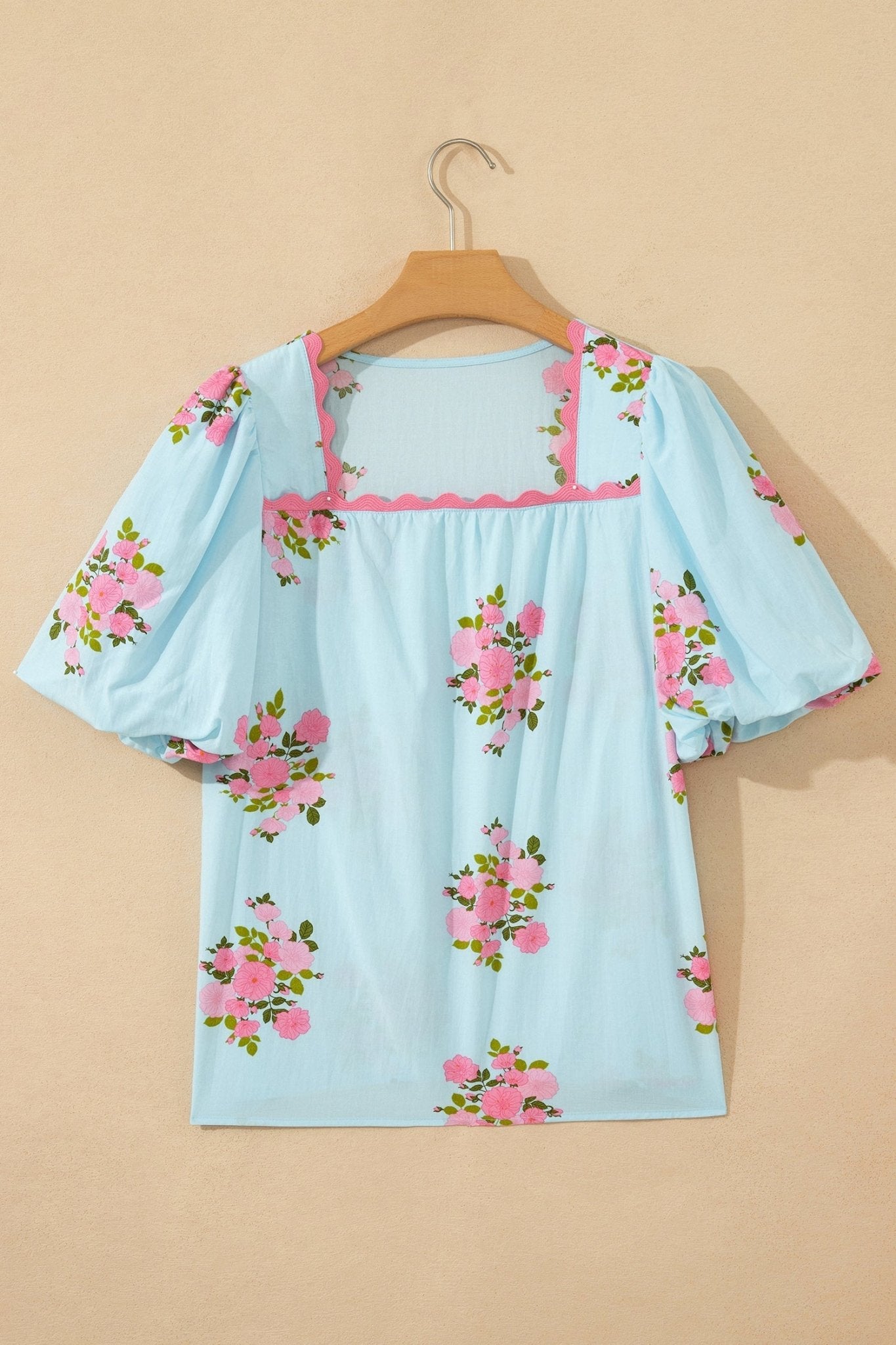 Floral Contrast Ricrac Trim Bubble Sleeve Blouse - Rooted & Reckless Co.