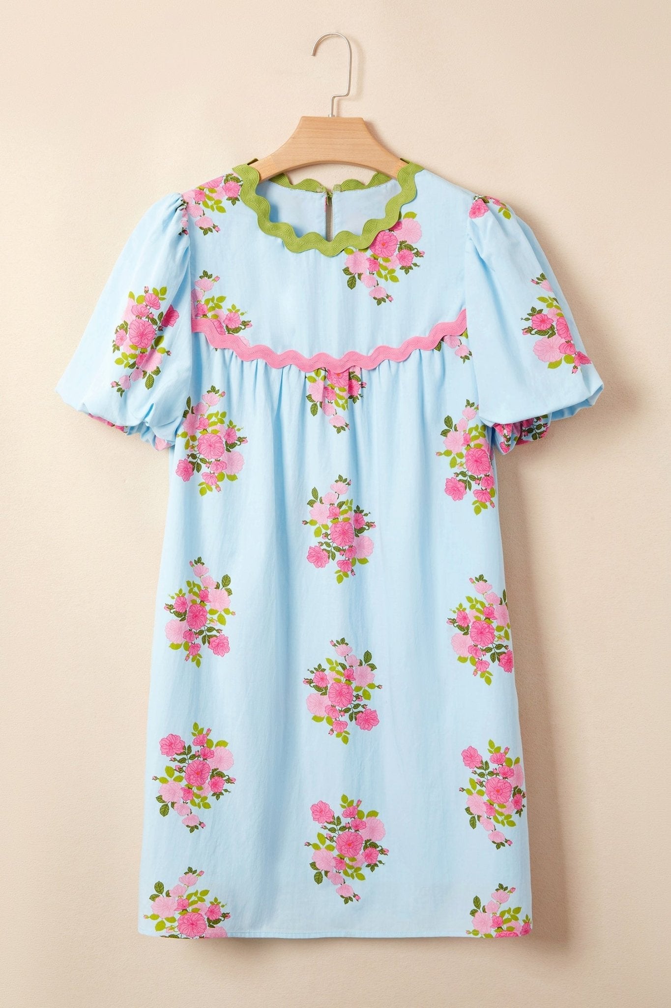 Floral Contrast Ricrac Trim Bubble Sleeve Dress - Rooted & Reckless Co.