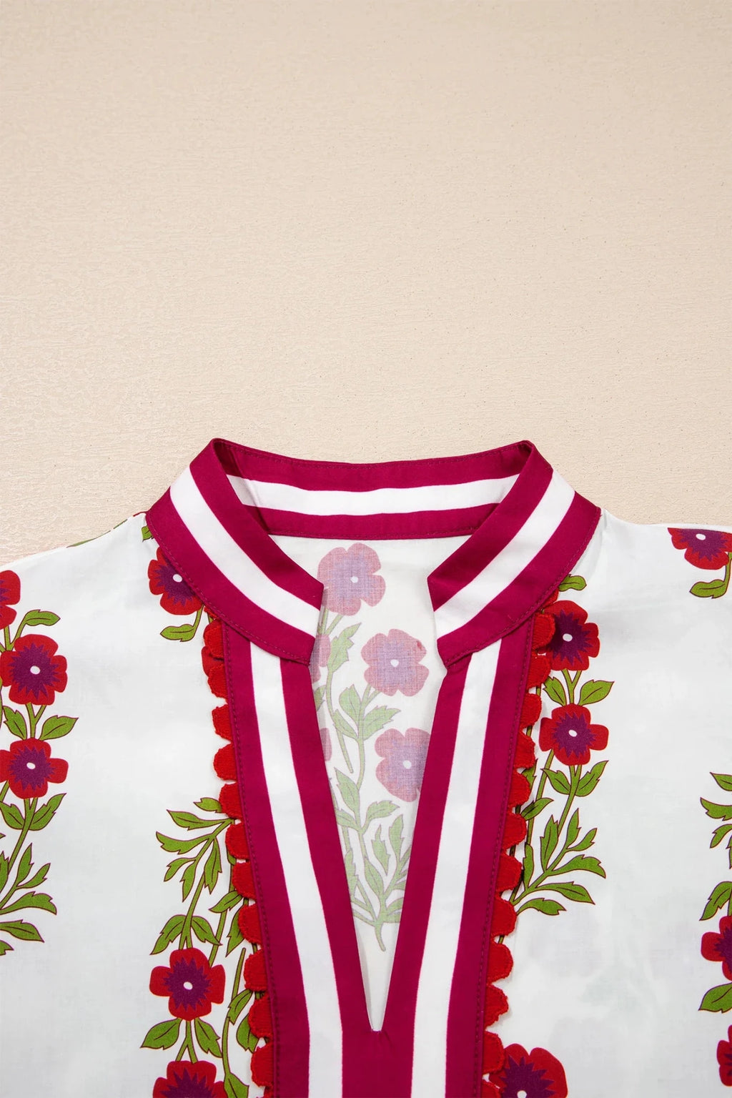 Floral Contrast Slit V-Neck Short Bubble Sleeve Blouse - Rooted & Reckless Co.