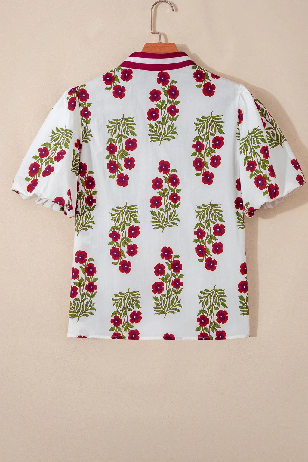 Floral Contrast Slit V-Neck Short Bubble Sleeve Blouse - Rooted & Reckless Co.