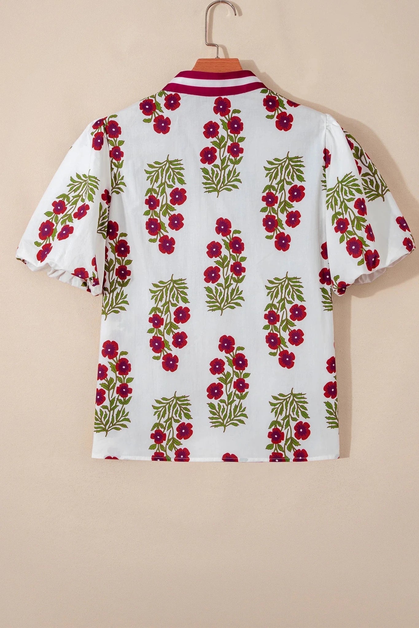 Floral Contrast Slit V-Neck Short Bubble Sleeve Blouse - Rooted & Reckless Co.