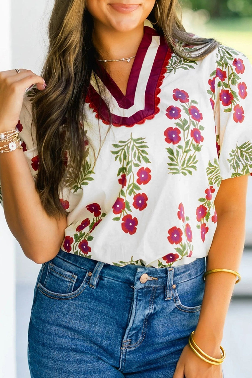 Floral Contrast Slit V-Neck Short Bubble Sleeve Blouse - Rooted & Reckless Co.