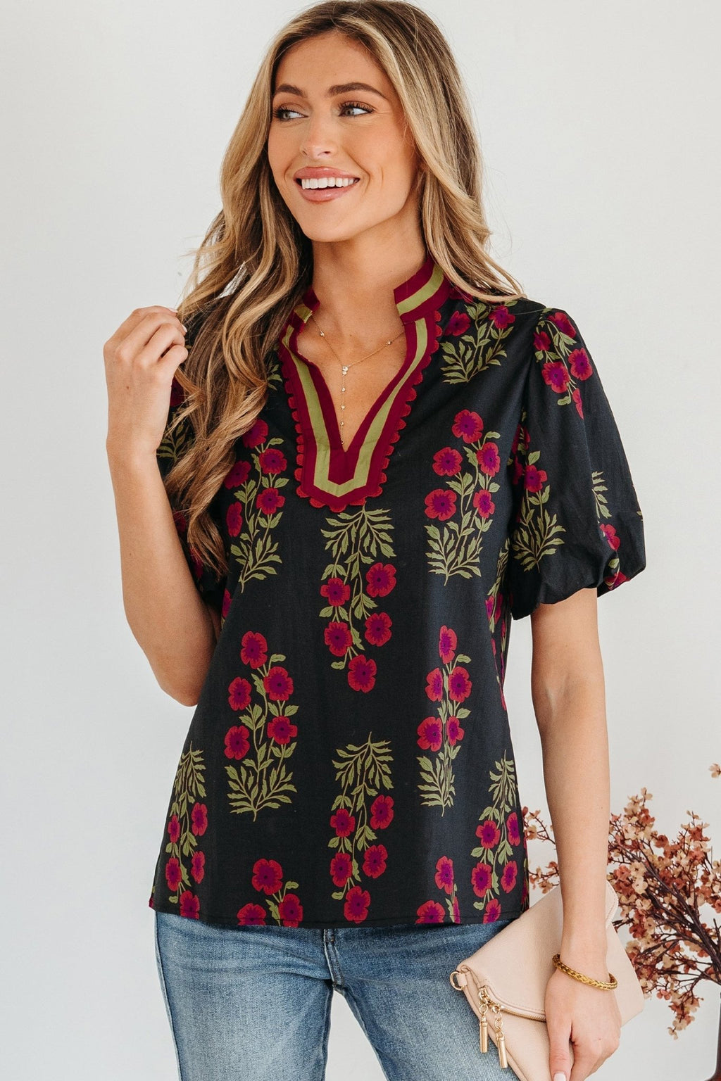 Floral Contrast Slit V-Neck Short Bubble Sleeve Blouse - Rooted & Reckless Co.