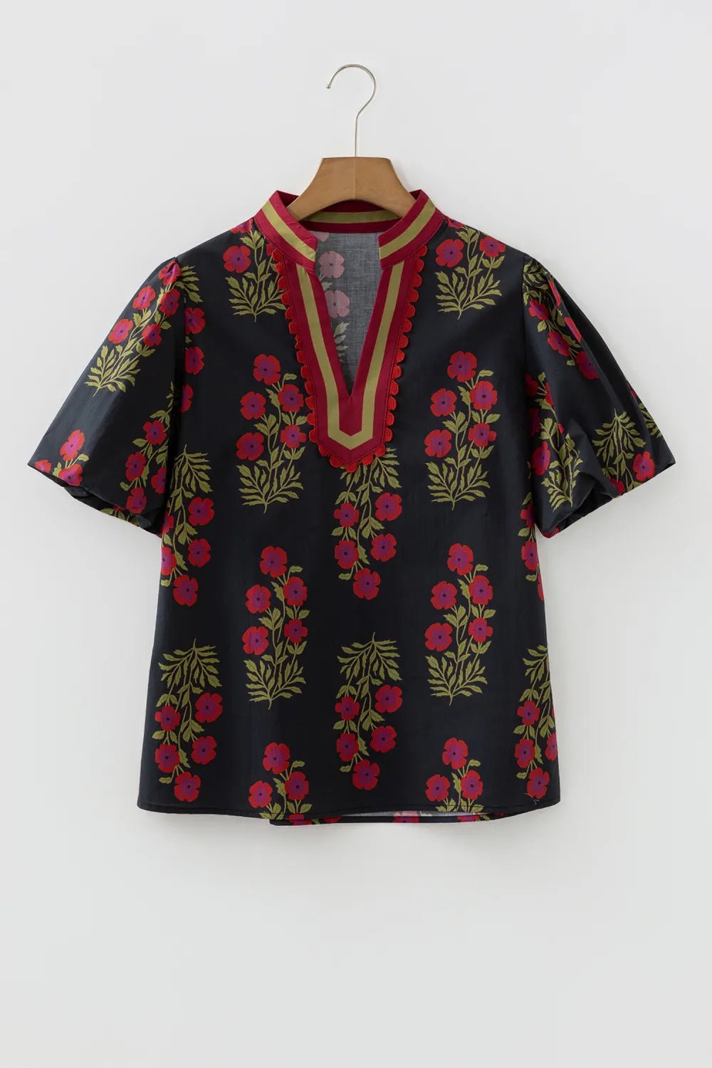 Floral Contrast Slit V-Neck Short Bubble Sleeve Blouse - Rooted & Reckless Co.