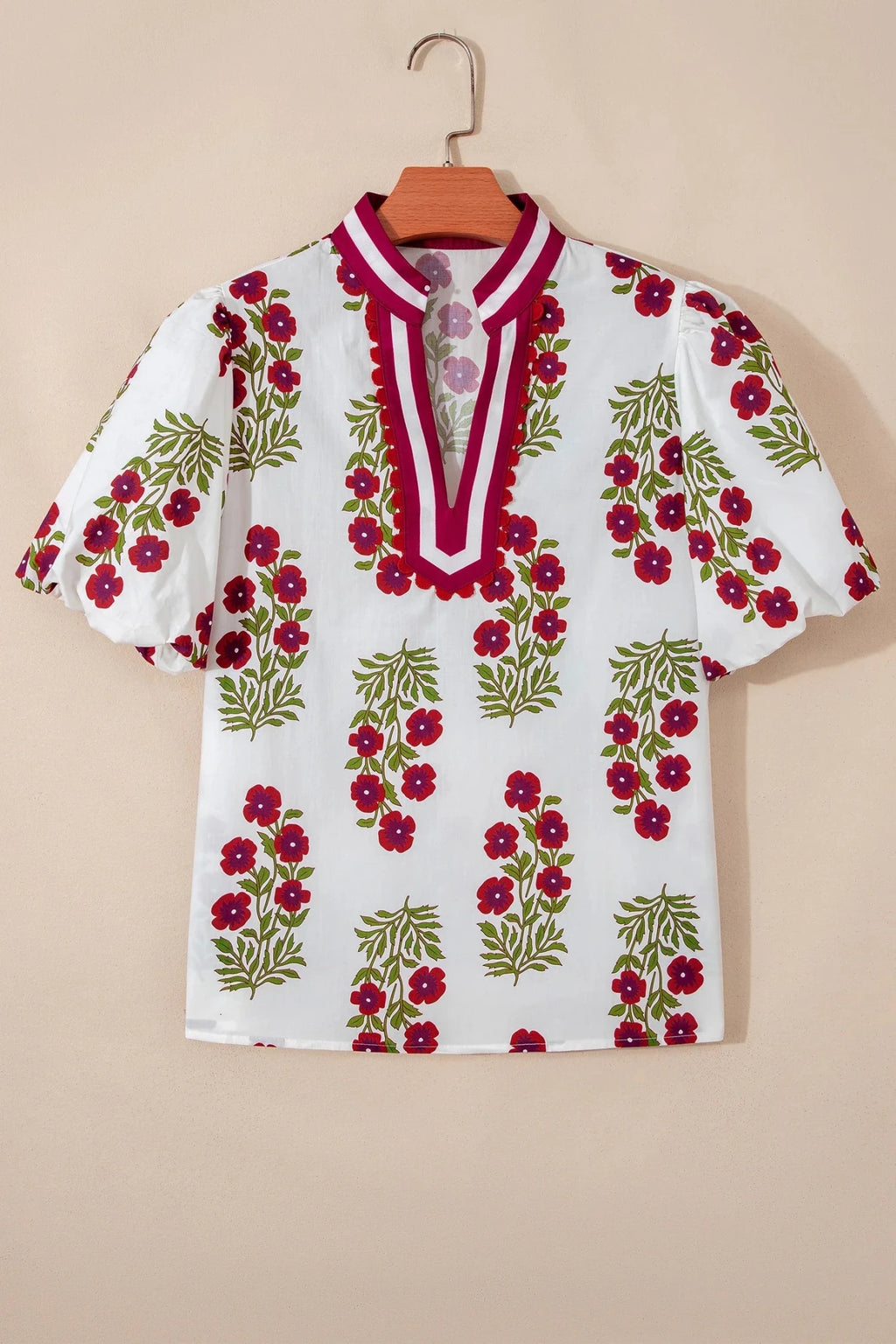 Floral Contrast Slit V-Neck Short Bubble Sleeve Blouse - Rooted & Reckless Co.