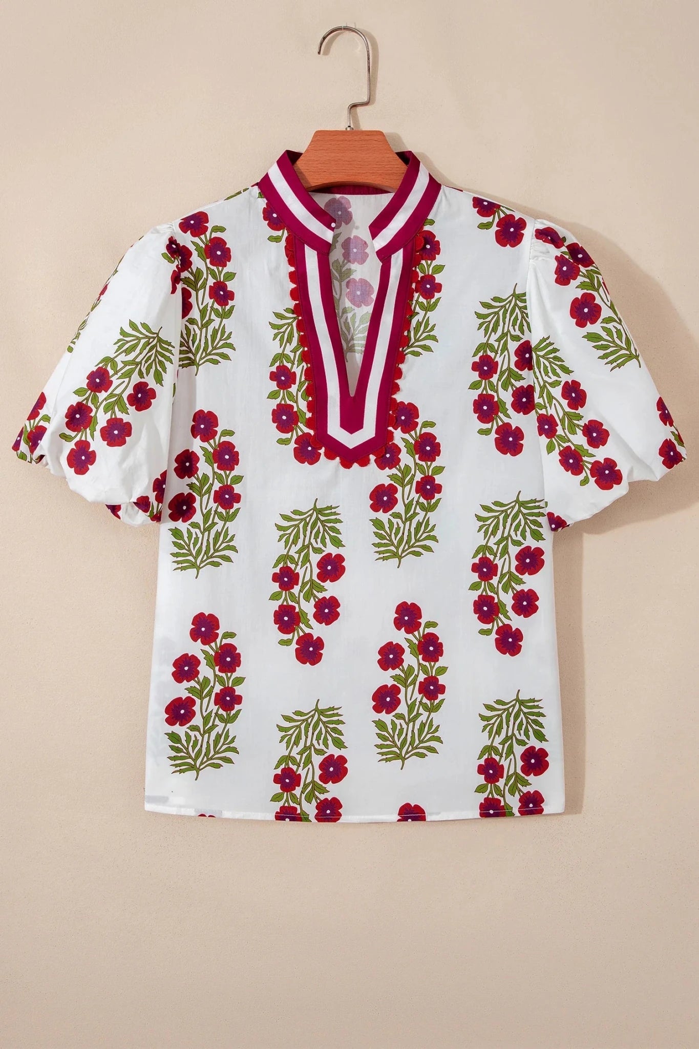 Floral Contrast Slit V-Neck Short Bubble Sleeve Blouse - Rooted & Reckless Co.